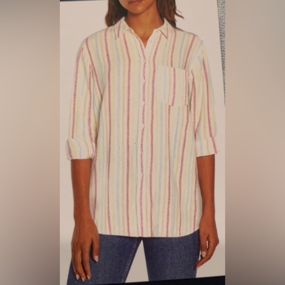 GAP Women's Button-Down Shirt in White with Pink, Blue & Yellow Stripes